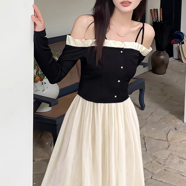 ブラック | 【17412】バイカラーオフショルワンピース	 | SneepDip