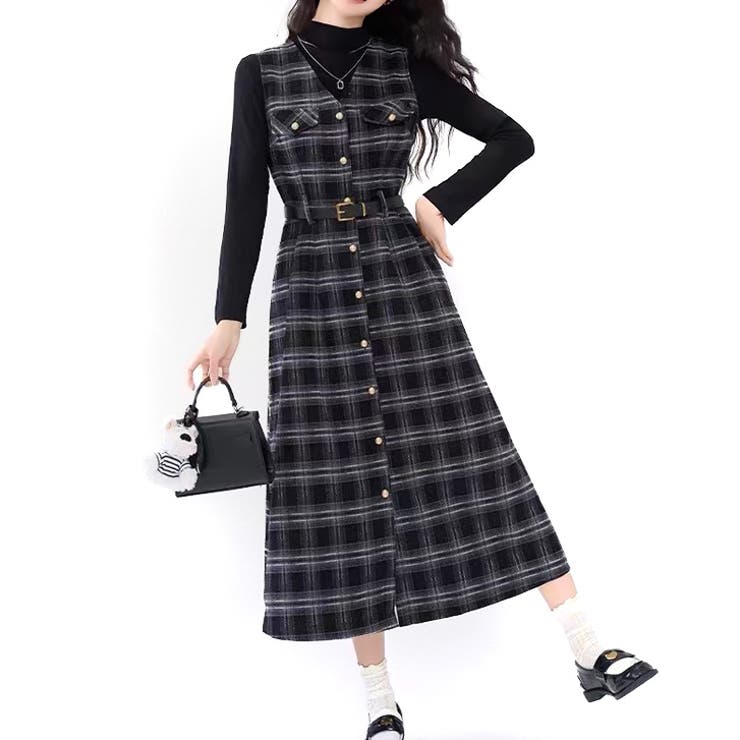 17433】トップス＆チェックロングワンピースSET [品番