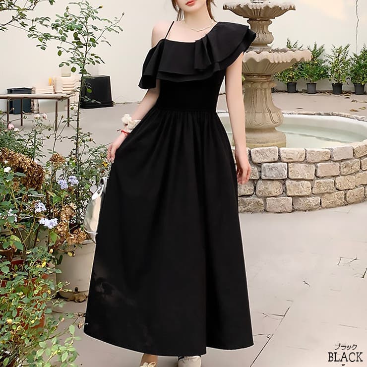 ブラック | 【17500】 シャーリングワンショルロングワンピース	 | SneepDip