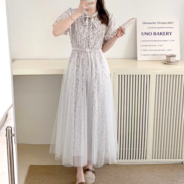 ホワイト | 【17511】ふんわりチュールフラワーワンピース	 | SneepDip