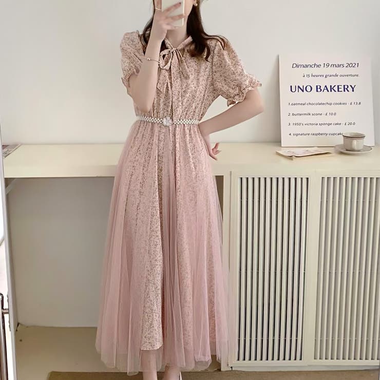 ピンク | 【17511】ふんわりチュールフラワーワンピース	 | SneepDip