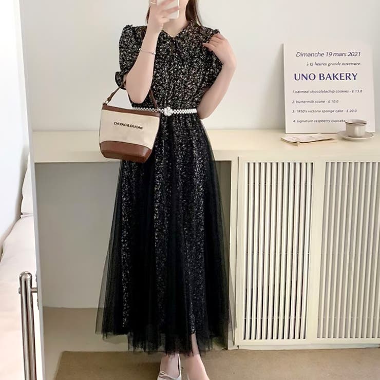 ブラック | 【17511】ふんわりチュールフラワーワンピース	 | SneepDip