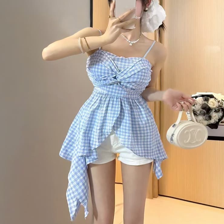 ブルー | 【17520】アンバランスチェックキャミソール	 | SneepDip