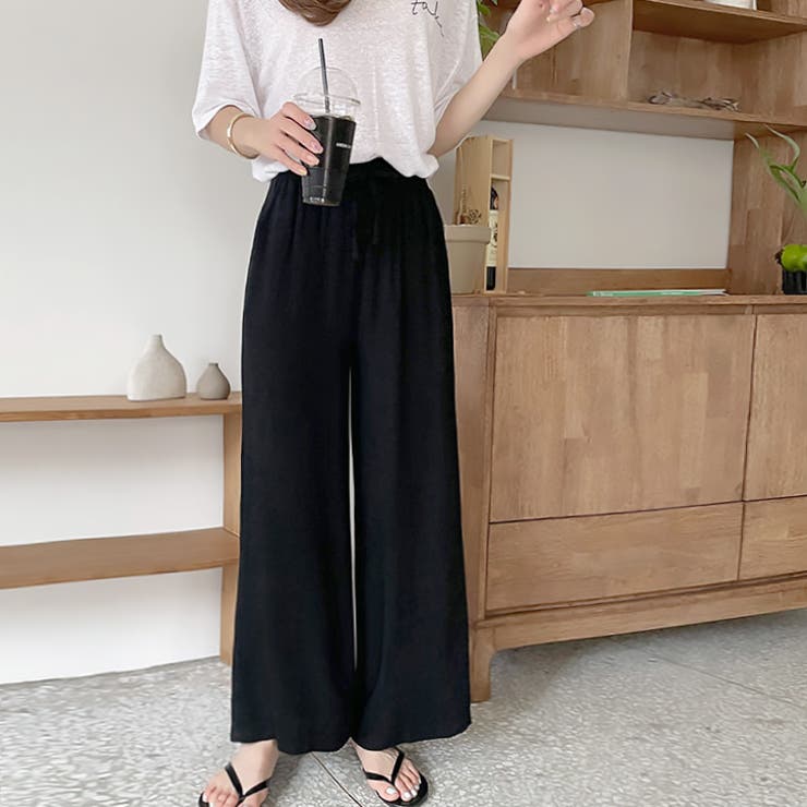 ブラック | 【17522】リネン風ワイドパンツ	 | SneepDip