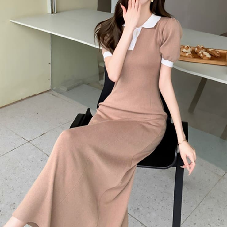 ベージュ | 【17524】バイカラーニットポロワンピース	 | SneepDip