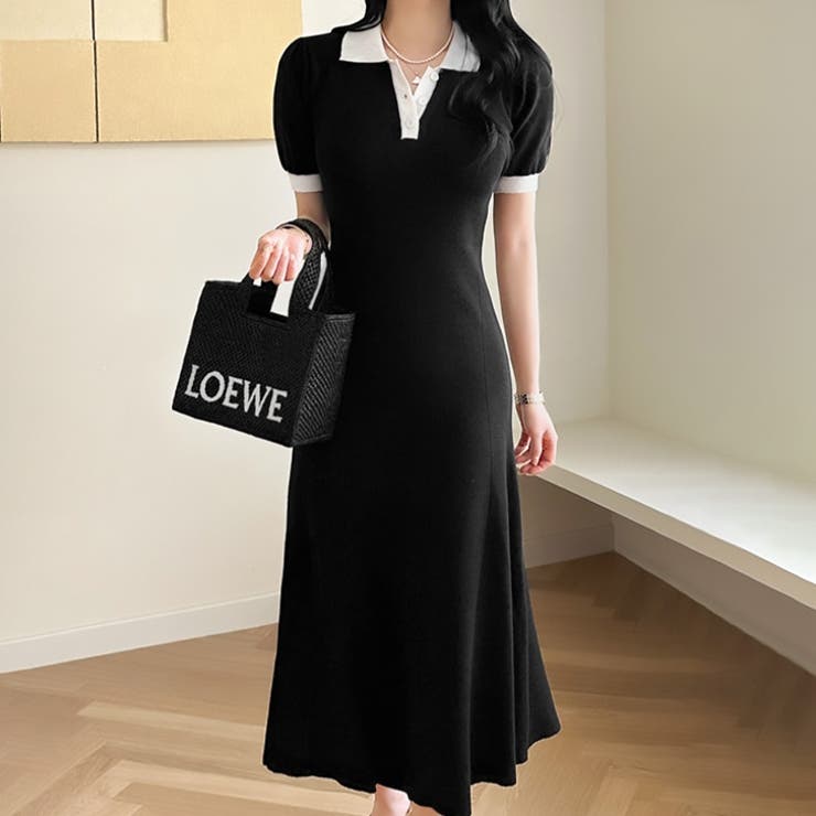 ブラック | 【17524】バイカラーニットポロワンピース	 | SneepDip