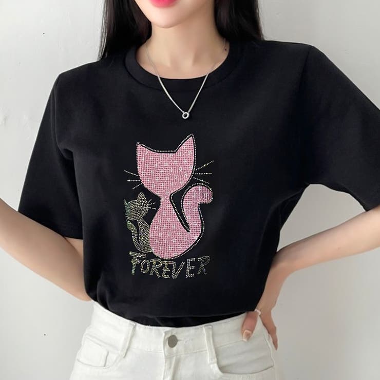 ブラック | 【17530】ラインストーンキャットTシャツ	 | SneepDip