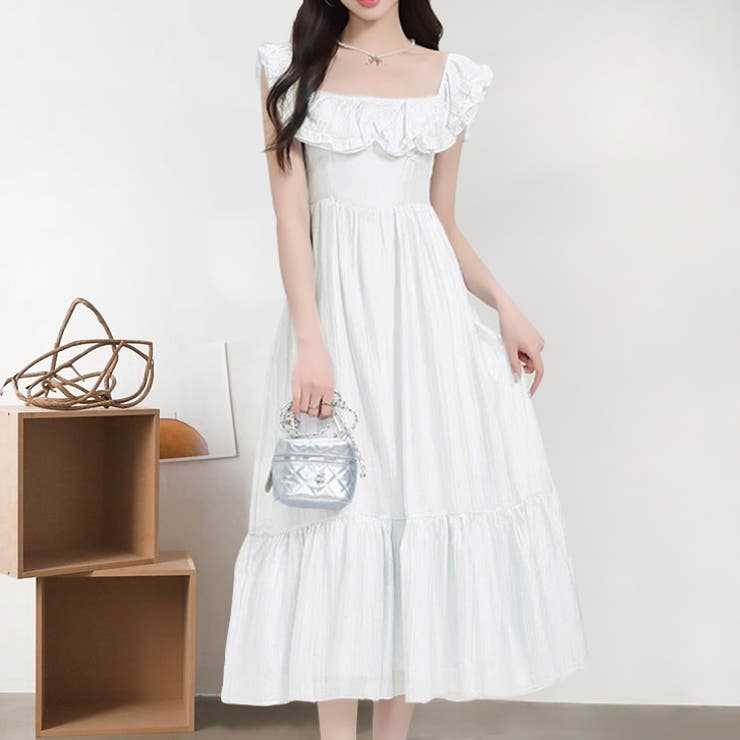 ホワイト | 【17533】フリルショルダーロングワンピース	 | SneepDip