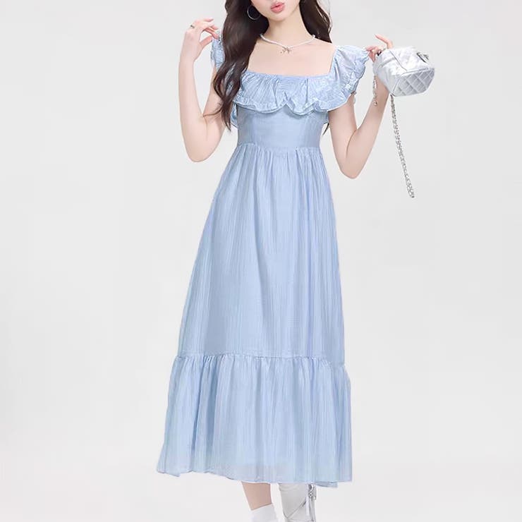 ブルー | 【17533】フリルショルダーロングワンピース	 | SneepDip