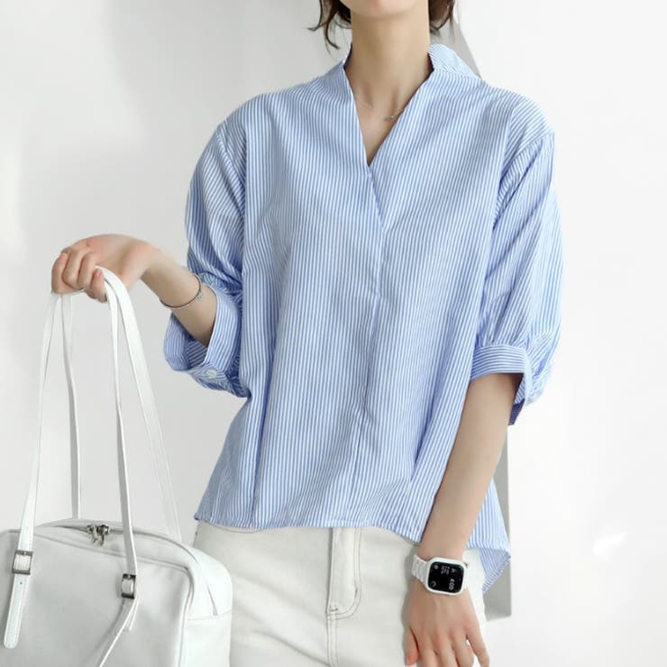 サックス | 【17549】バルーンスリーブストライプブラウス	 | SneepDip