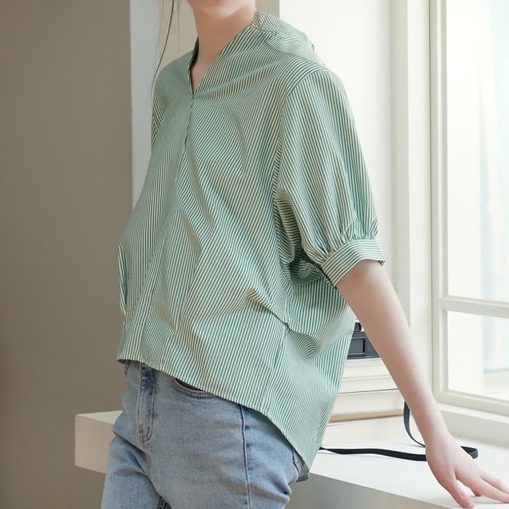 グリーン | 【17549】バルーンスリーブストライプブラウス	 | SneepDip