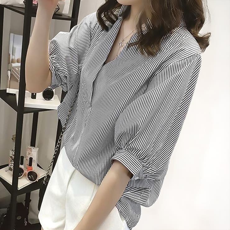 ブラック | 【17549】バルーンスリーブストライプブラウス	 | SneepDip