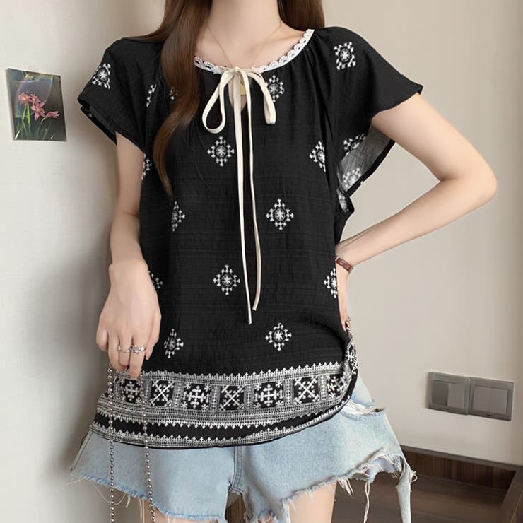 ブラック | 【17551】レトロエスニックブラウス	 | SneepDip