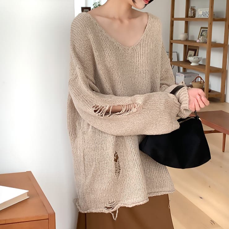 ベージュ | 【17592】ダメージルーズフィットニット	 | SneepDip