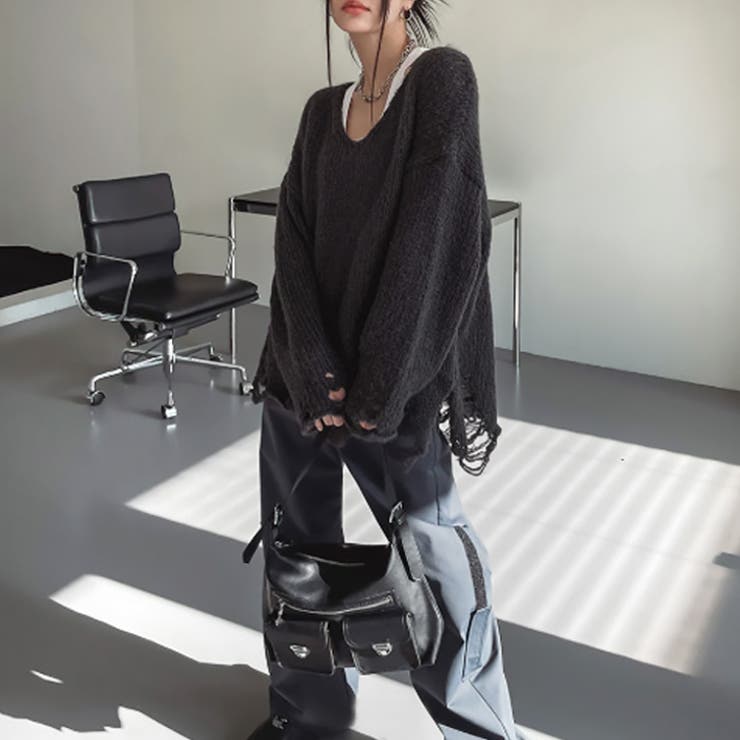 チャコールグレー | 【17592】ダメージルーズフィットニット	 | SneepDip