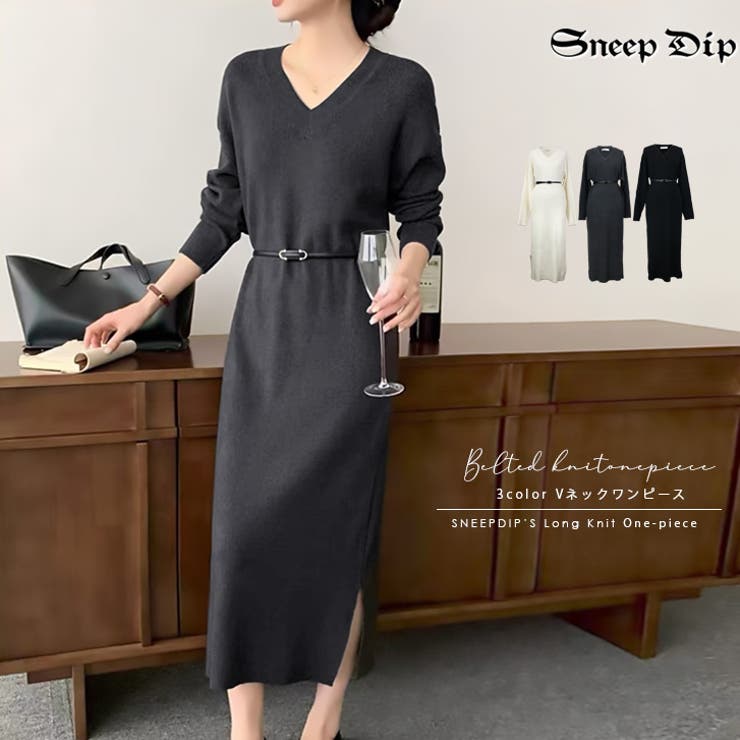 【17600】ベルト付きニットワンピース	 | SneepDip | 詳細画像1 