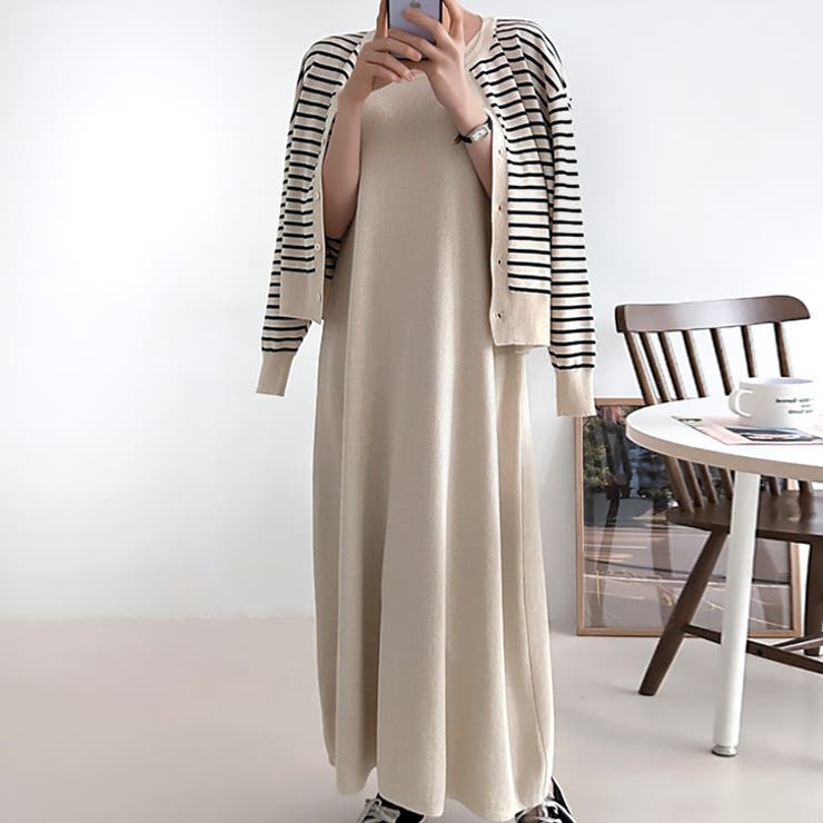 ベージュ | 【17607】ボーダーカーデ＆ワンピース	 | SneepDip