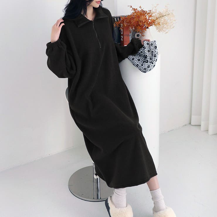 ブラック | 【17616】ハーフジップロングワンピース | SneepDip