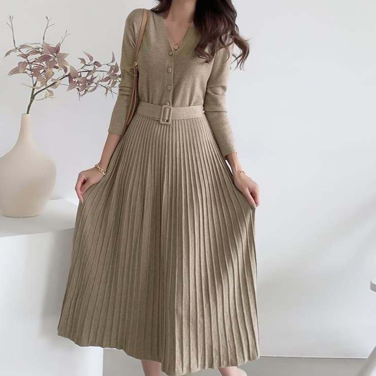 ベージュ | 【17618】プリーツニットワンピース	 | SneepDip