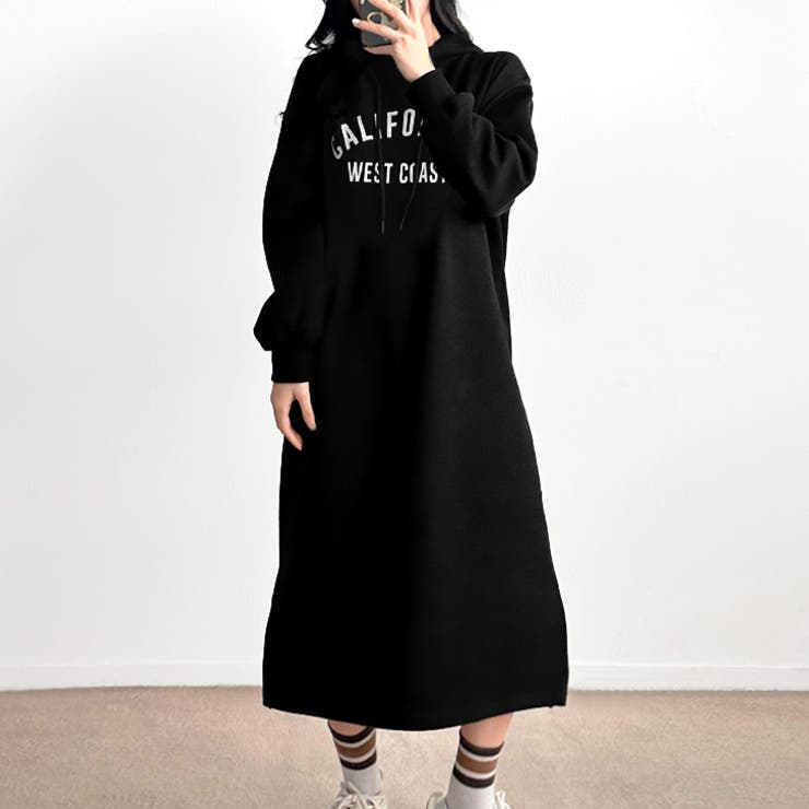 ブラック | 【17621】ロゴロングパーカーワンピース	 | SneepDip