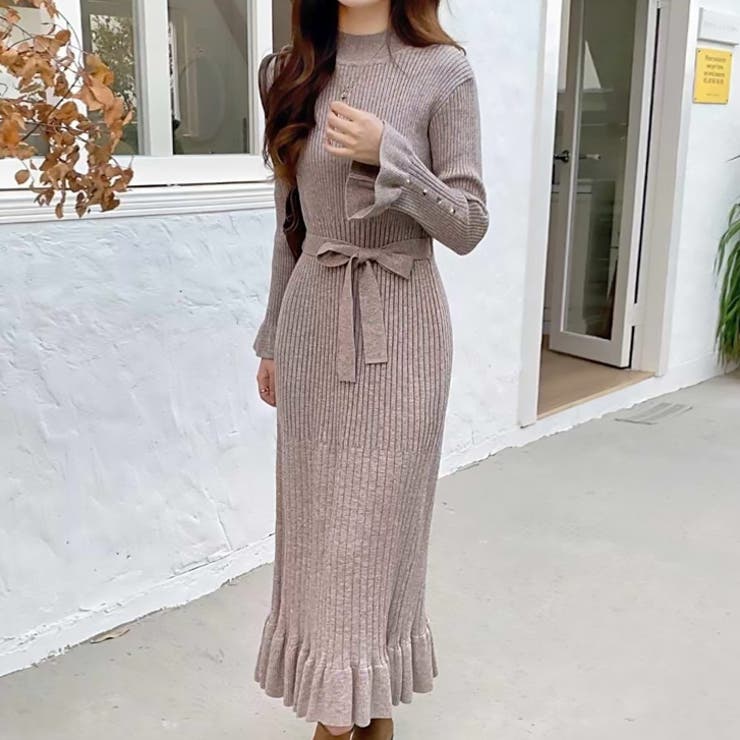 ベージュ | 【17627】フリルヘムニットワンピース	 | SneepDip