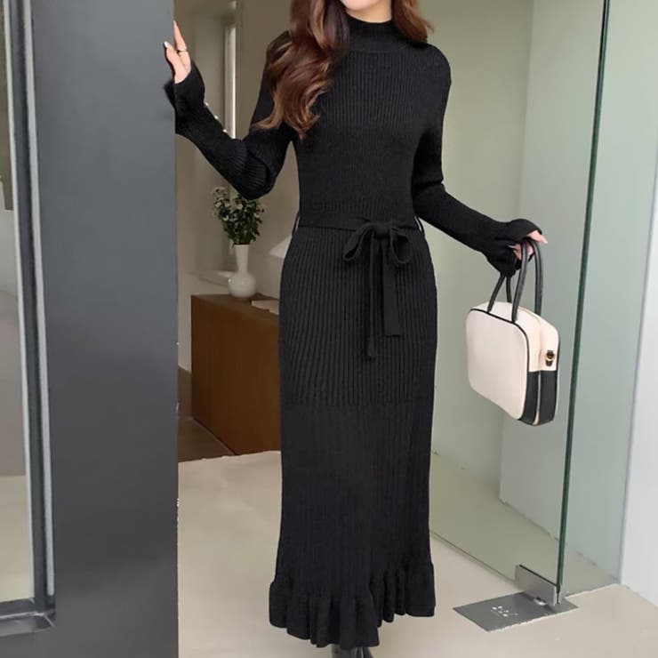 ブラック | 【17627】フリルヘムニットワンピース	 | SneepDip