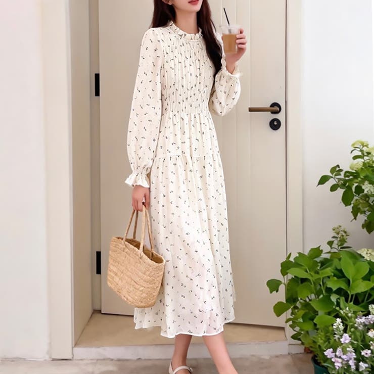 アイボリー | 【17635】シャーリングフラワーワンピース	 | SneepDip