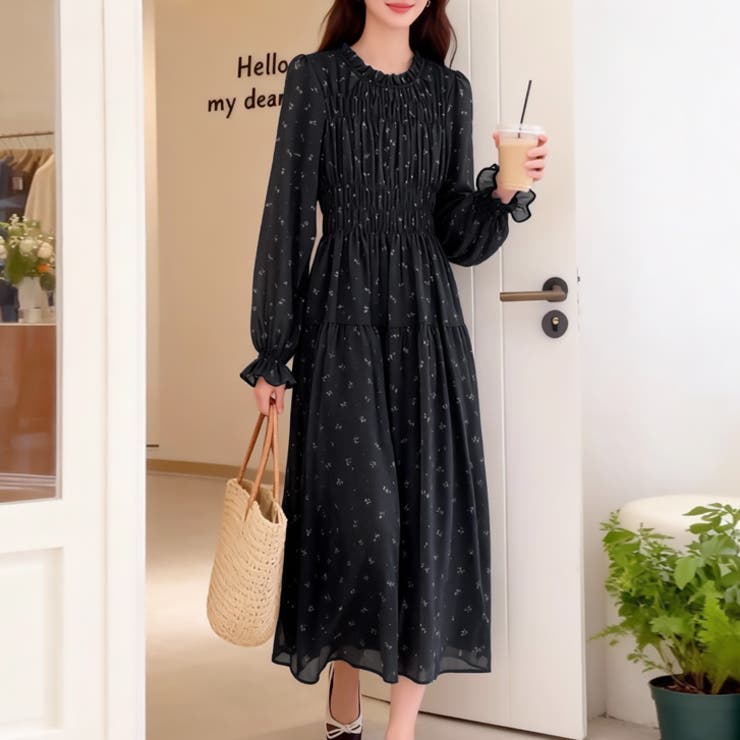 ブラック | 【17635】シャーリングフラワーワンピース	 | SneepDip