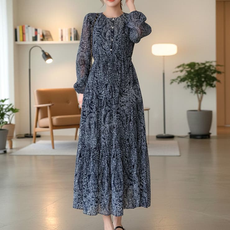 ネイビー | 【17636】モダンペイズリーロングワンピース	 | SneepDip