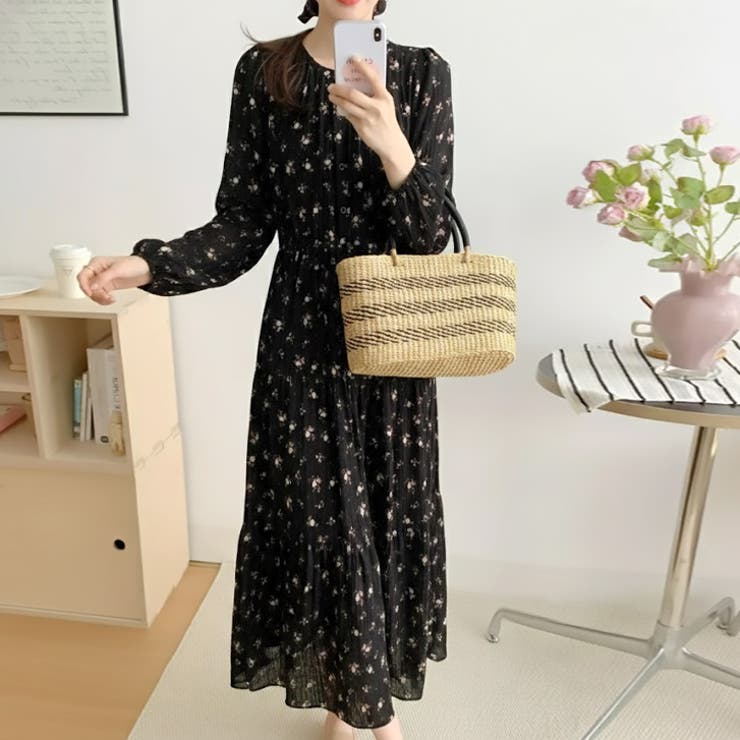 ブラック | 【17637】レトロフラワーワンピース | SneepDip