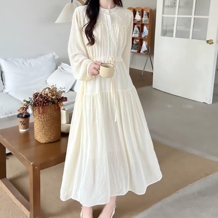 アイボリー | 【17638】ウエストギャザーロングワンピース	 | SneepDip