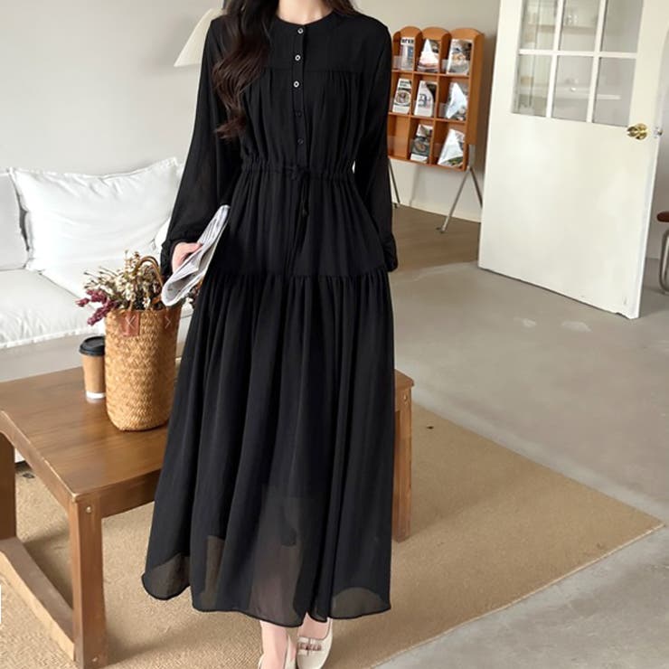 ブラック | 【17638】ウエストギャザーロングワンピース	 | SneepDip