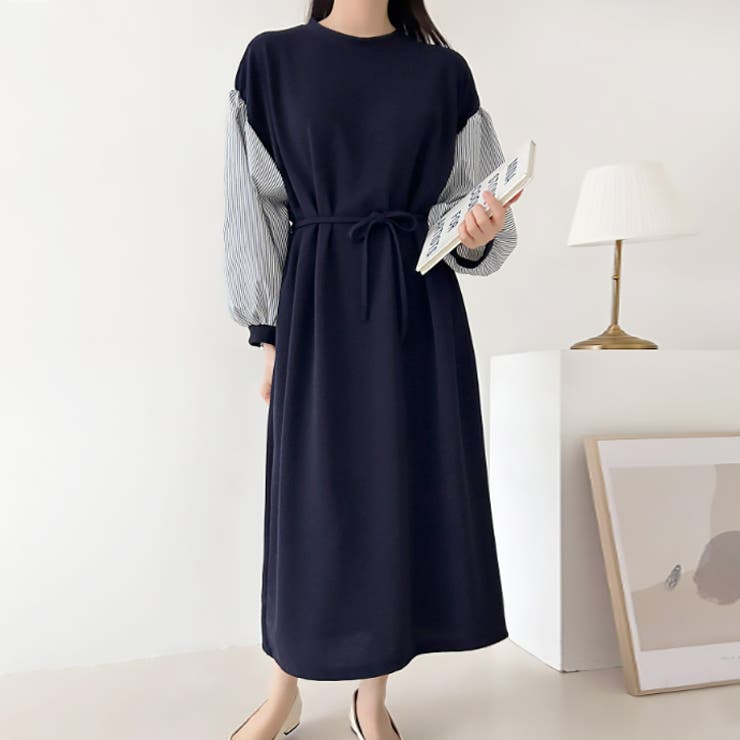 ネイビー | 【17647】スリーブ切り替えワンピース	 | SneepDip