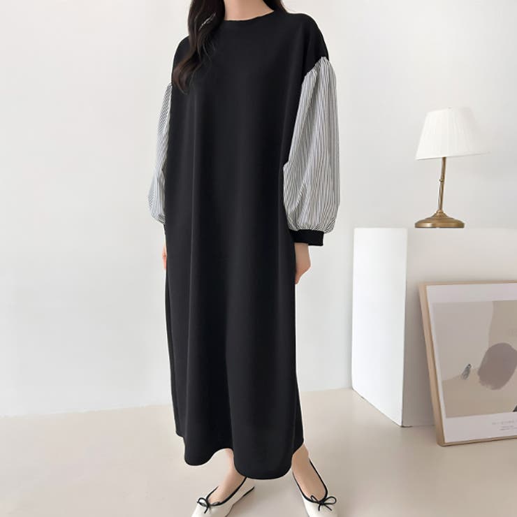 ブラック | 【17647】スリーブ切り替えワンピース	 | SneepDip