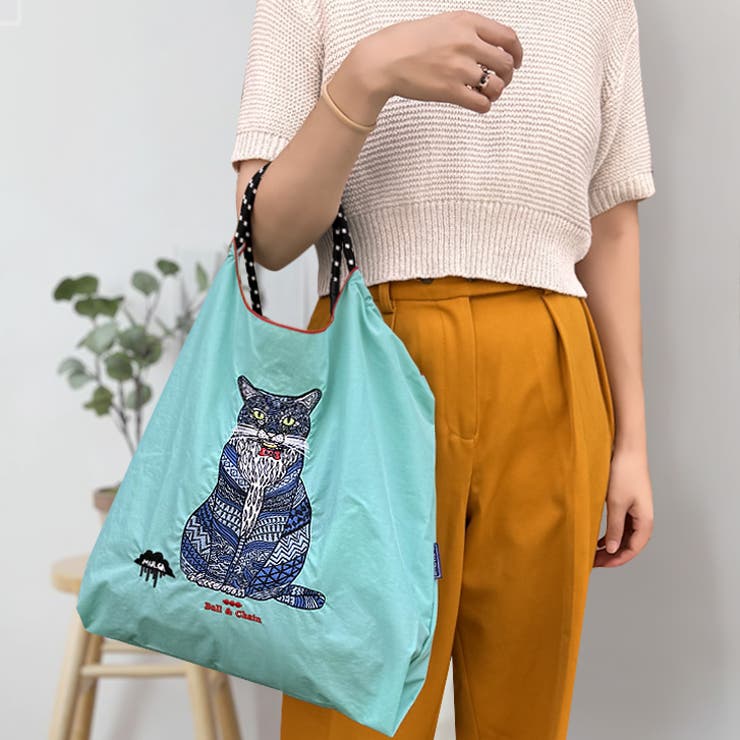 ブルー | 【7264】キャット刺繍エコバッグ	 | SneepDip