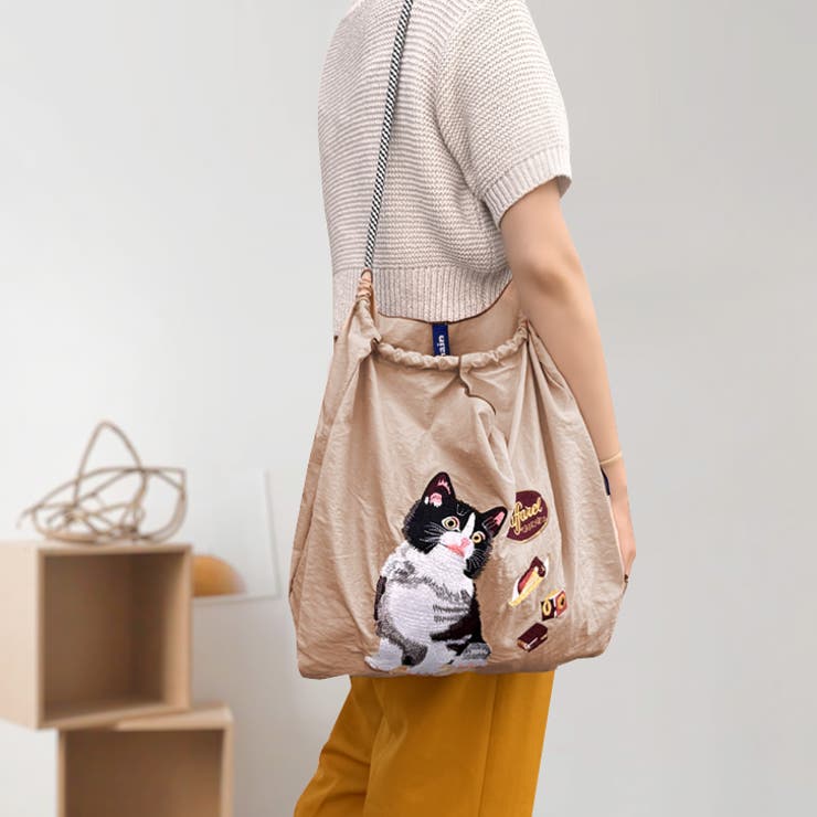ベージュ | 【7264】キャット刺繍エコバッグ	 | SneepDip