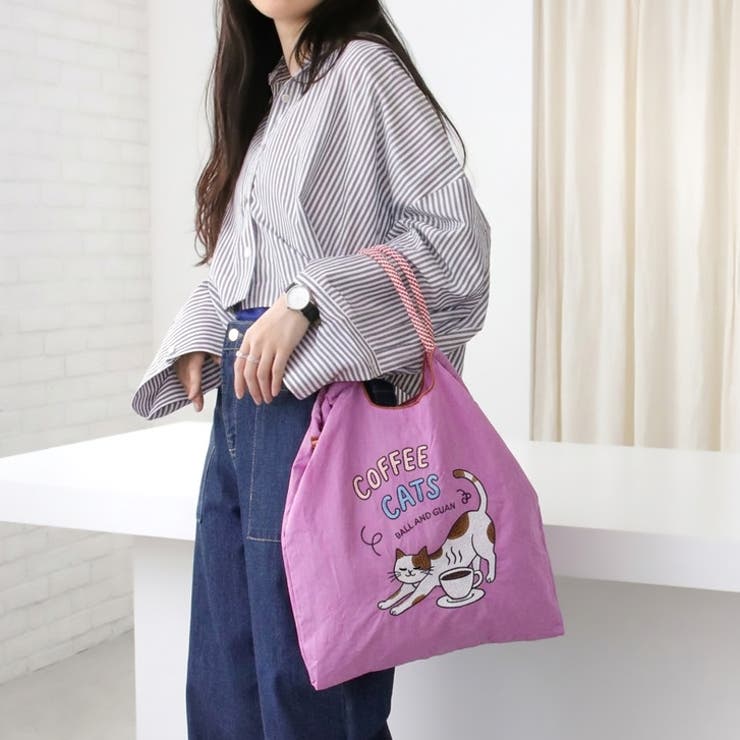 パープル | 【7312】のびねこ刺繍エコバッグ	 | SneepDip