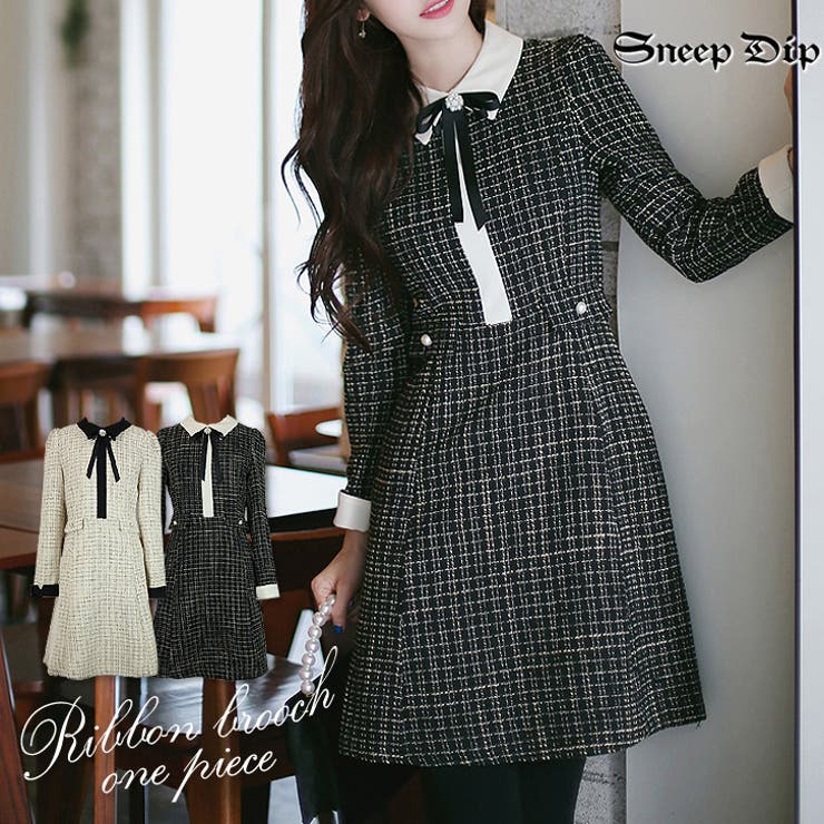 リボンブローチ付ツイードワンピース ワンピ ひざ丈 品番 Ashw Sneepdip スニープディップ のレディースファッション通販 Shoplist ショップリスト