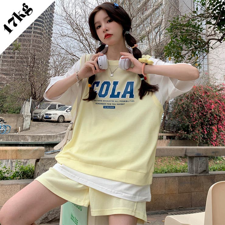 Ｔシャツ+ミニパンツ2点セットフェイクレイヤードトップスカジュアル