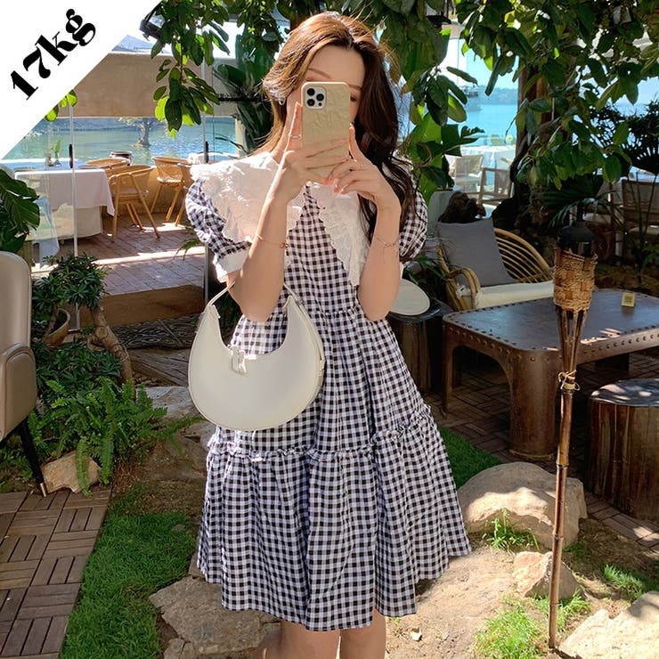 Shoplist限定 ワンピースひざ丈クルーネックパフスリーブ格子柄 品番 Snjw 17kg イチナナキログラム のレディースファッション通販 Shoplist ショップリスト