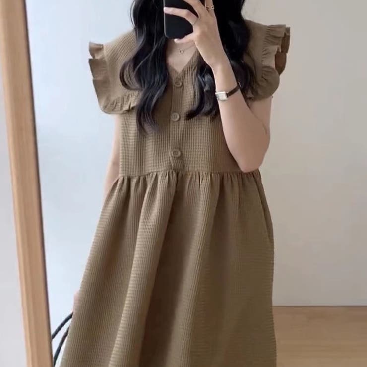 ワンピースひざ丈Ⅴネックノースリーブカジュアルフリルオシャレ[品番