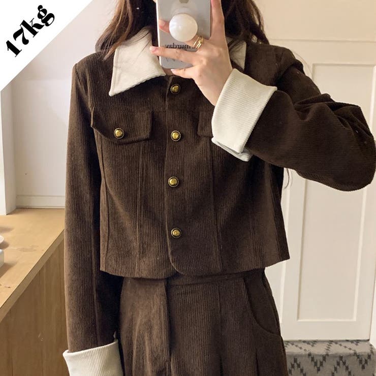 コーデュロイラペルショートコート+Aラインスカート2点スーツ