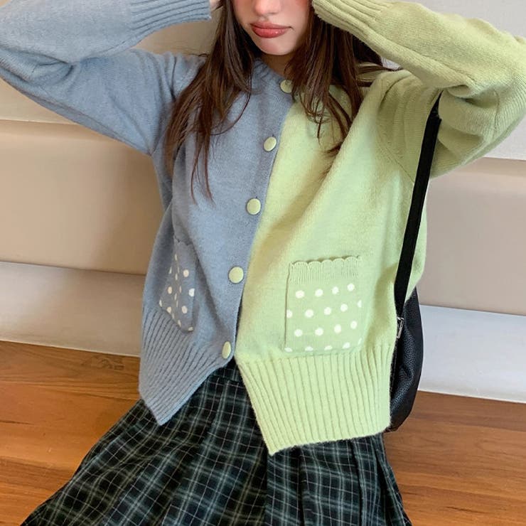 甘辛系ガールズ☆配色 ドット ポケット ニットカーディガン | 17kg | 詳細画像1 
