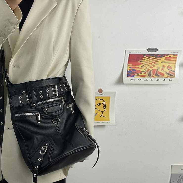 ユニセックス☆ダーク スタッズ ライダース バケット ショルダーバッグ | 17kg | 詳細画像1 