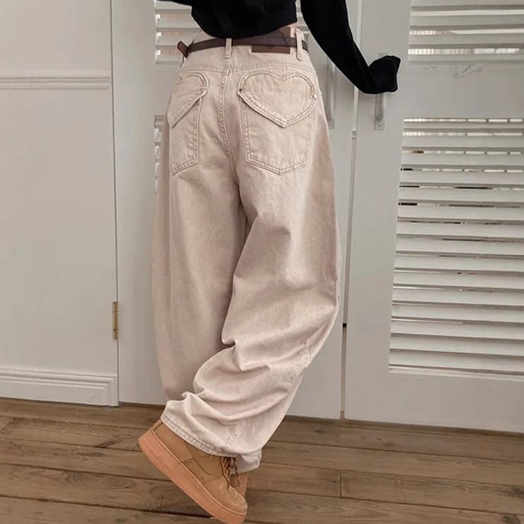 甘辛系ガールズ☆ハイウエスト ハート ポケット ワイドデニムパンツ | 17kg | 詳細画像1