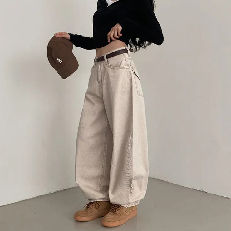 ブラウン | 甘辛系ガールズ☆ハイウエスト ハート ポケット ワイドデニムパンツ | 17kg