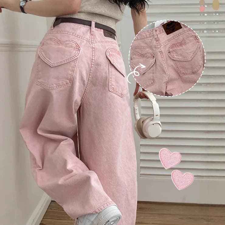 甘辛系ガールズ☆ハイウエスト ハート ポケット ワイドデニムパンツ | 17kg | 詳細画像3