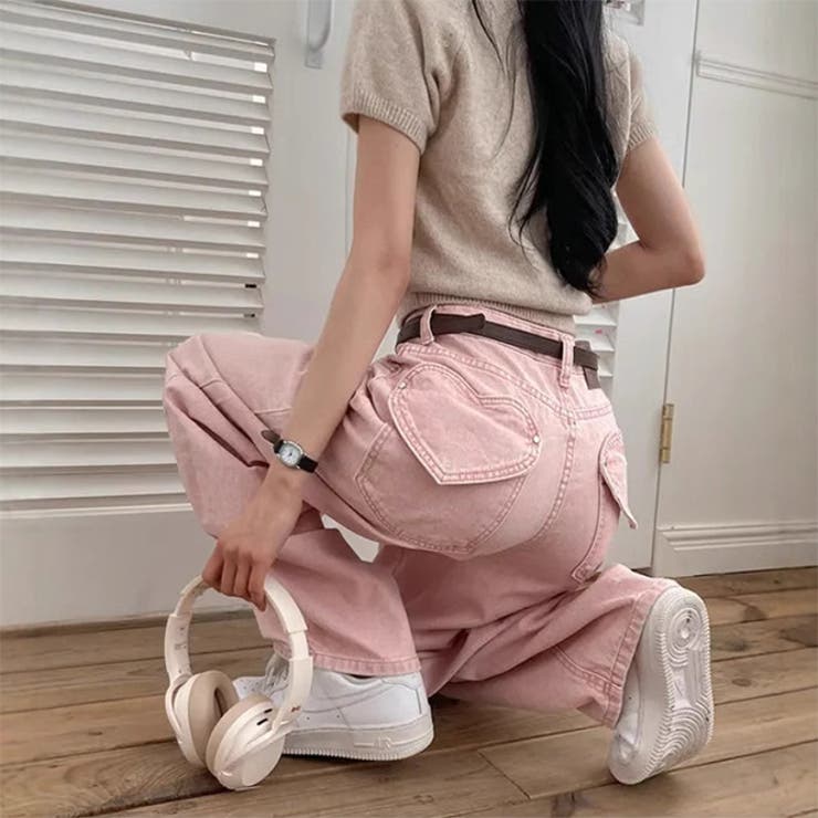 甘辛系ガールズ☆ハイウエスト ハート ポケット ワイドデニムパンツ | 17kg | 詳細画像4