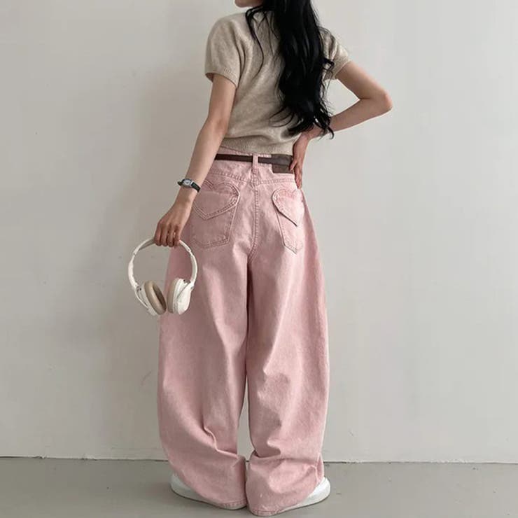 甘辛系ガールズ☆ハイウエスト ハート ポケット ワイドデニムパンツ | 17kg | 詳細画像13