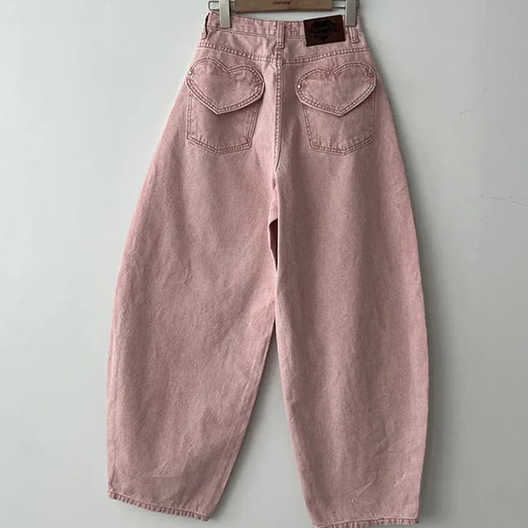 ピンク | 甘辛系ガールズ☆ハイウエスト ハート ポケット ワイドデニムパンツ | 17kg